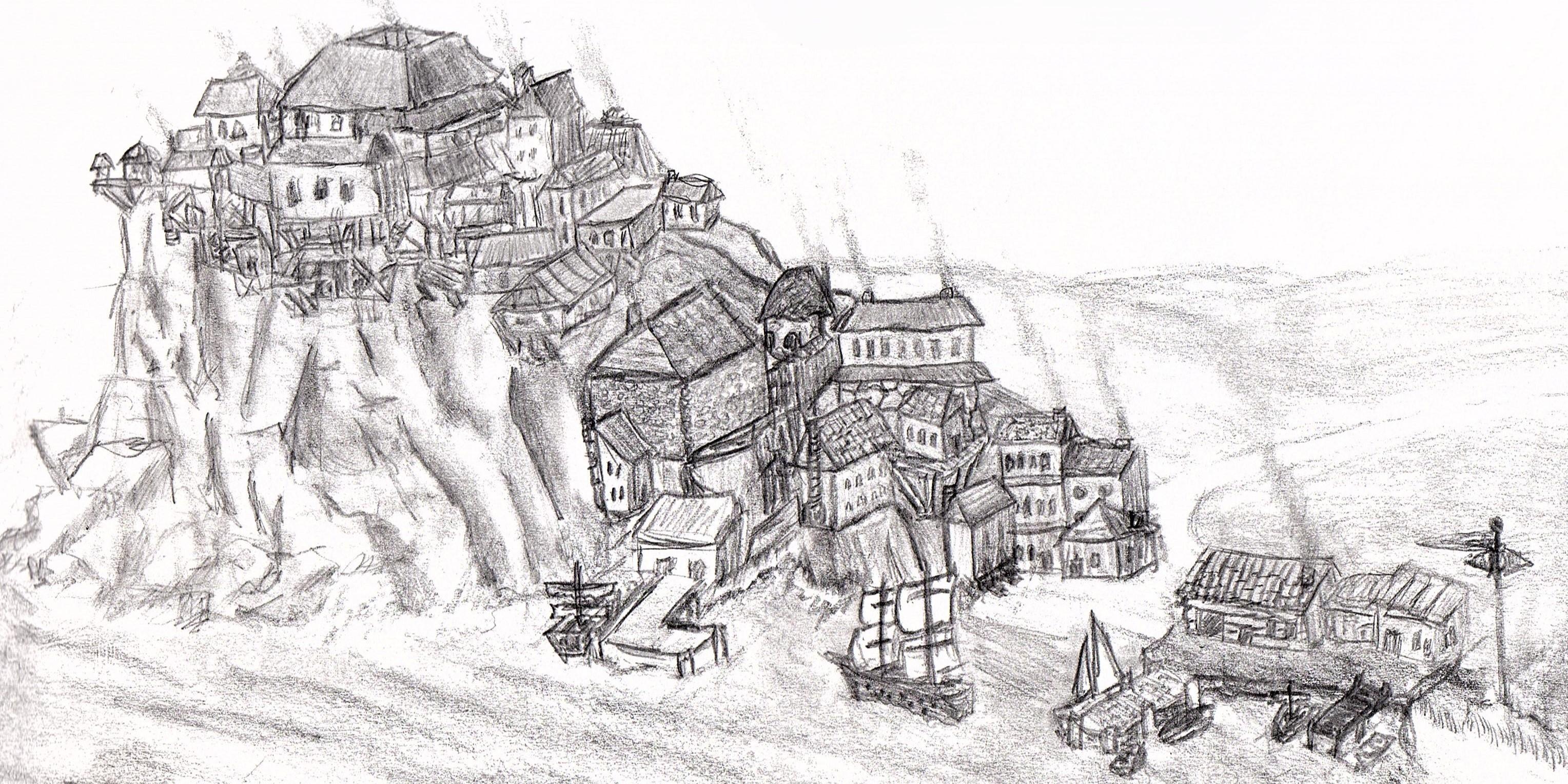 The tarting port city in Albion, drawn by Nic